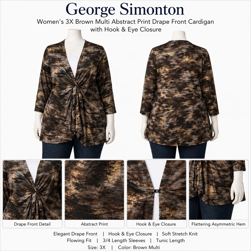 George Simonton Womens 3X Brown Multi Abstract Print Drape Front Cardigan A23032